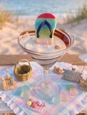 Handcrafted Beach Sandal In The Sand Candle in Martini Glass Soy Rose Scented